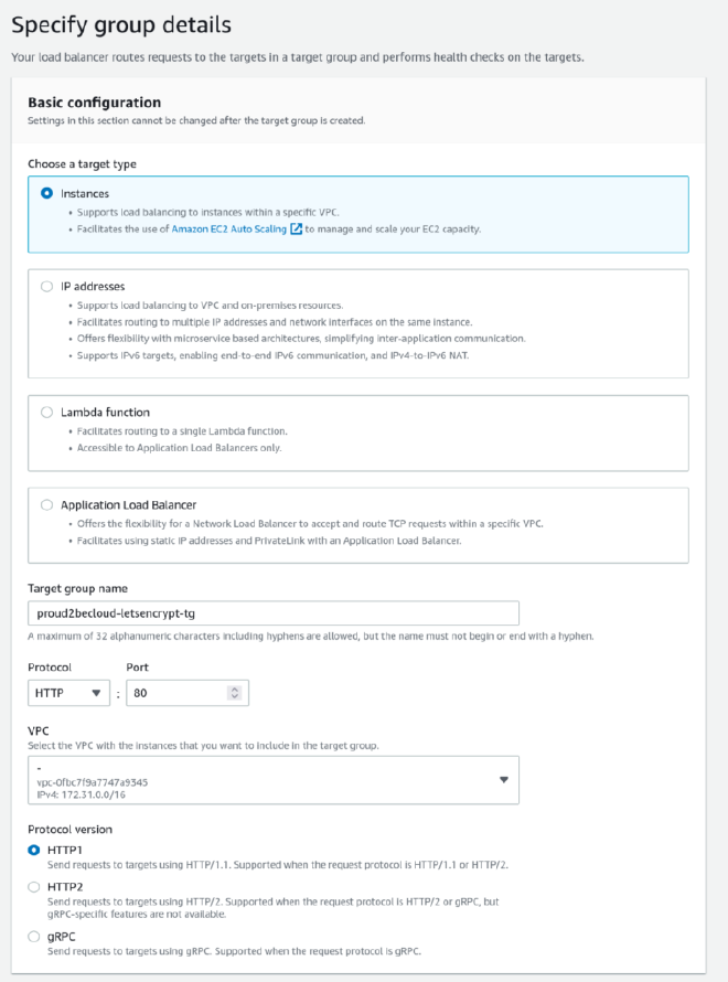 specify group details ALB