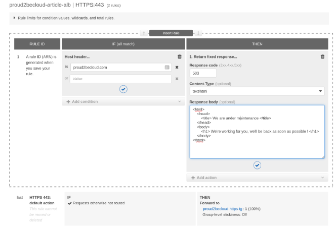 Rule setup fixed response ALB