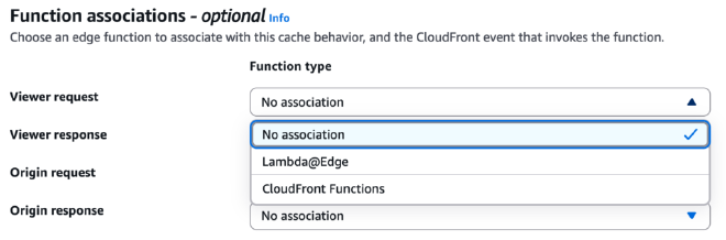 CloudFront event types: Viewer Request, Origin Request, Origin Response, Viewer Response